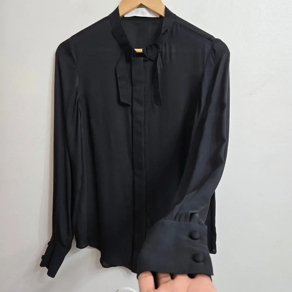 C Major Womens Black Silk Blouse Size 4 Sheer Corpcore Whimsigoth Fairy Grunge - Picture 2 of 10